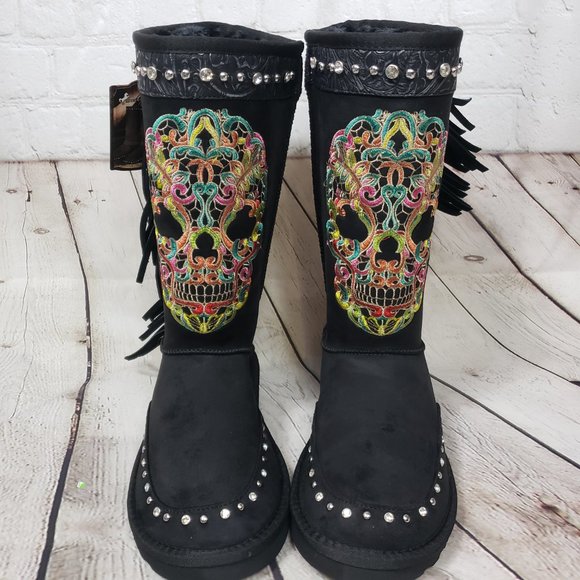 MONTANA WEST Black Sugar Skull Shearling Boots - Picture 3 of 9
